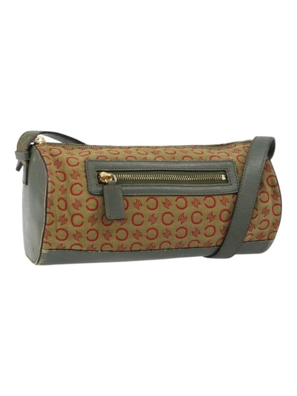 Authentic CELINE C Macadam Canvas Shoulder Bag Khaki Gold